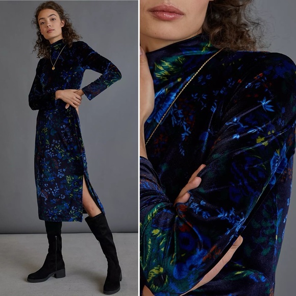 Anthropologie Dresses & Skirts - Maeve Constance Velvet Midi Dress Womens Small Blue Floral Party Holiday Boho
